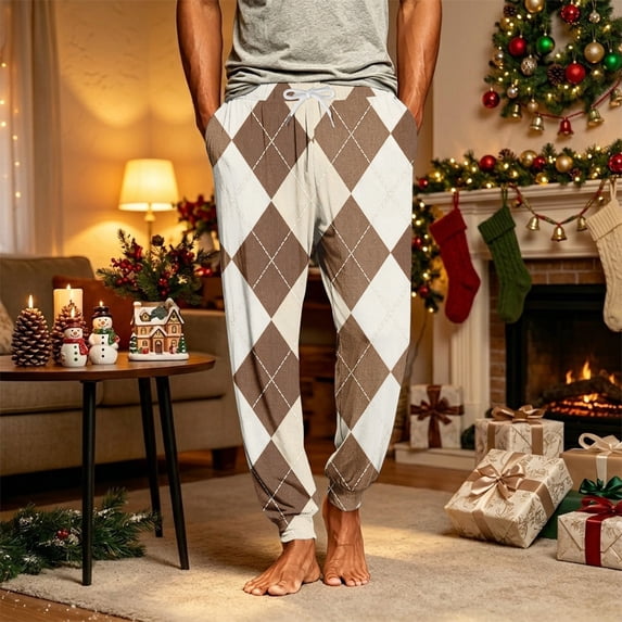 Men's Christmas Pajama Pants Plaid Drawstring Jogger Xmas Loungewear Elastic High Waist Comfortable Casual Xmas Sleep Pants, S