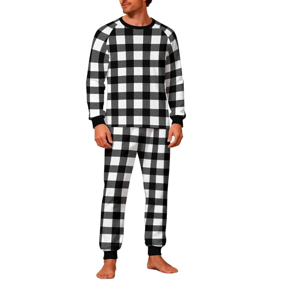 Men's Christmas Pajama Sets Long Sleeve Crewneck Plaid Print Tops And Pants Comfort Soft Warm Loungewear