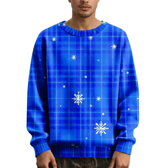 Men's Christmas Plaid Knit Sweater Long Sleeve Crew Neck Holiday Pullover Top