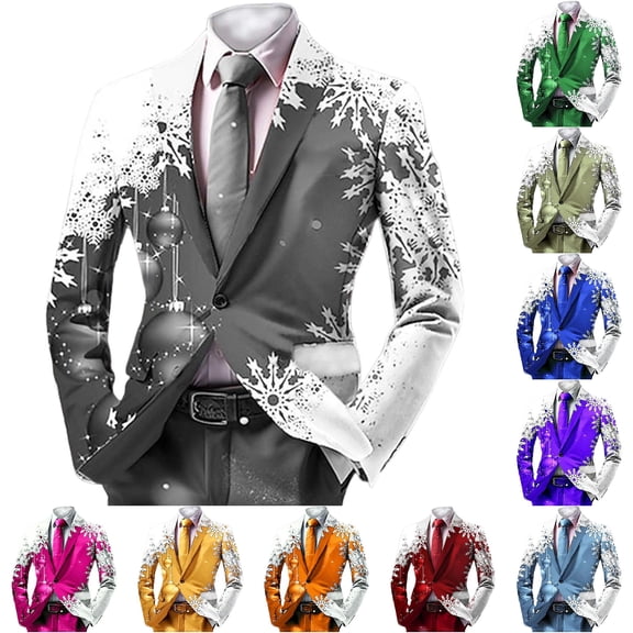 Men's Christmas Print Blazer Jacket, Round Collar Long Sleeve Suit Coat for Holiday Parties and Gatherings