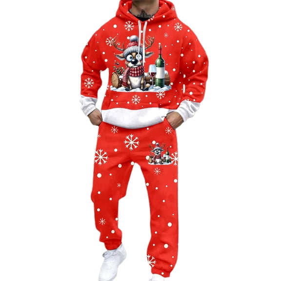 Men's Christmas Print Hoodie Jogger Two Piece Outfit Holiday Season Festive Family Matching Pajamas Athletic Sweatsuit Casual Winter Apparel Red S