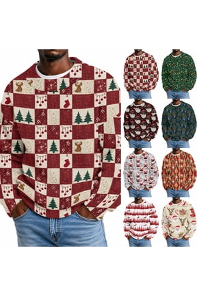 Men's Christmas Print Knit Crewneck Sweater for Fall Winter Holiday, Santa Snowman Pattern Pullover with Long Sleeves, Cute Holiday Sweaters for Men Christmas Party