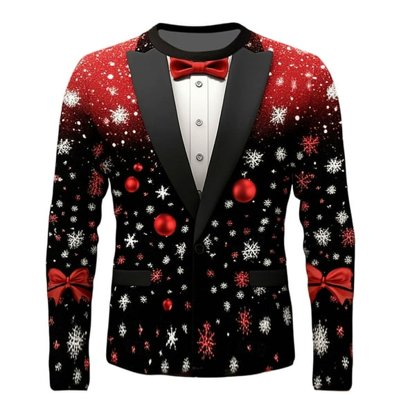 Men's Christmas Print Shirt Long Sleeve Crewneck Pullover Top for Party Red-1 L