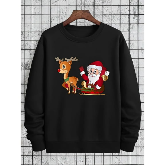 Men's Christmas Print Sweatshirt with Santa & Reindeer Pattern - Soft Polyester Blend Crew Neck Pullover, Slight Stretch Regular Fit Long Sleeve Knit Sweater for Holiday Parties & Casual Winter Wear
