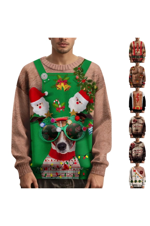 Men's Christmas Printed Collar Sweater Holiday Theme Knit Pullover for Festive Parties and Ugly Sweater Fun during Christmas Season,Beige,L