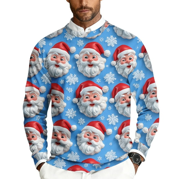 Men's Christmas Printed Crewneck Long Sleeve Ribbed Knit Pullover Sweater with Christmas Tree Print, Relaxed Fit Casual Business Knitwear for Holiday Parties,Sky Blue,M
