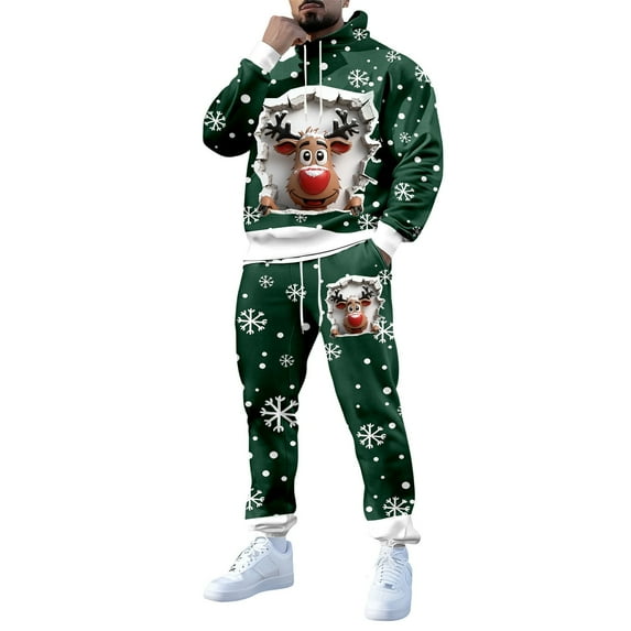 Men's Christmas Printed Festive With Lined Graphic Sweater Matching Pants Holiday Season Dark Green 4XL