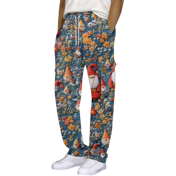 Men's Christmas Printed Relaxed Fit Cargo Pants with Elastic Waist & Drawstring, Festive Holiday Party Daily Commute Multi-Pocket Casual Work Trousers,Dark Blue,3XL