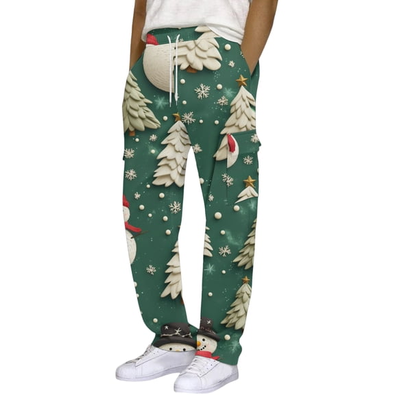 Men's Christmas Printed Relaxed Fit Cargo Pants with Elastic Waist & Drawstring, Festive Holiday Party Daily Commute Multi-Pocket Casual Work Trousers,Dark Green,M