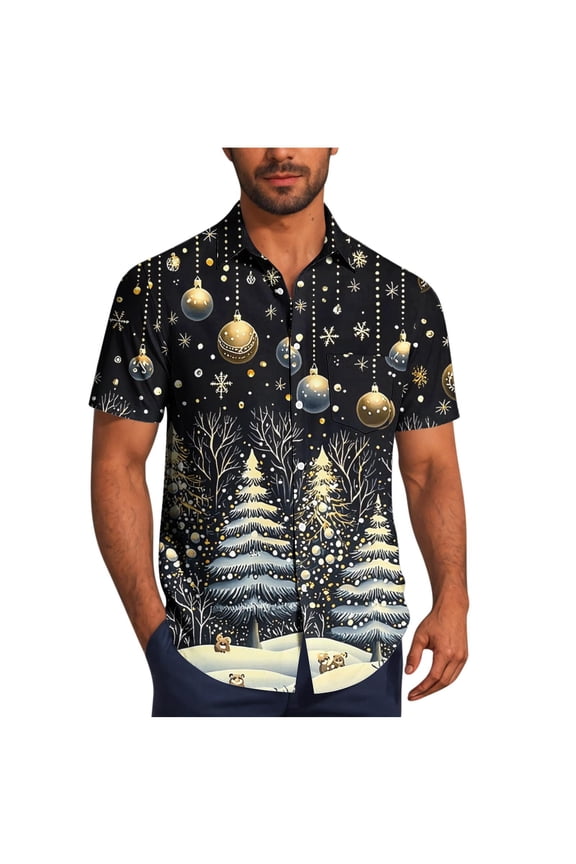 Men's Christmas Prints Shirts Hawaiian Santa Claus Vacation Button Down Short Sleeve Blouse