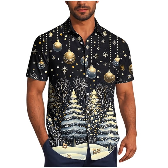 Men's Christmas Prints Shirts Hawaiian Santa Claus Vacation Button Down Short Sleeve Blouse