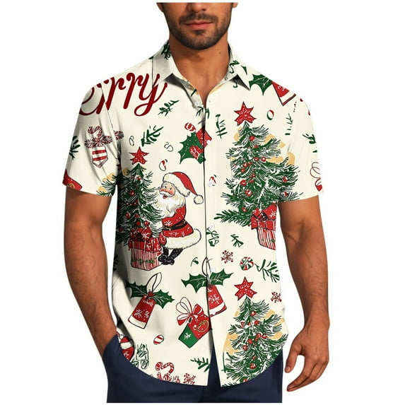 Men's Christmas Prints Shirts Hawaiian Santa Claus Vacation Button Down Short Sleeve Blouse