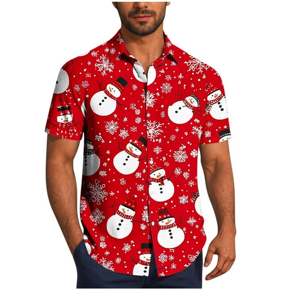 Men's Christmas Prints Shirts Hawaiian Santa Claus Vacation Button Down Short Sleeve Blouse