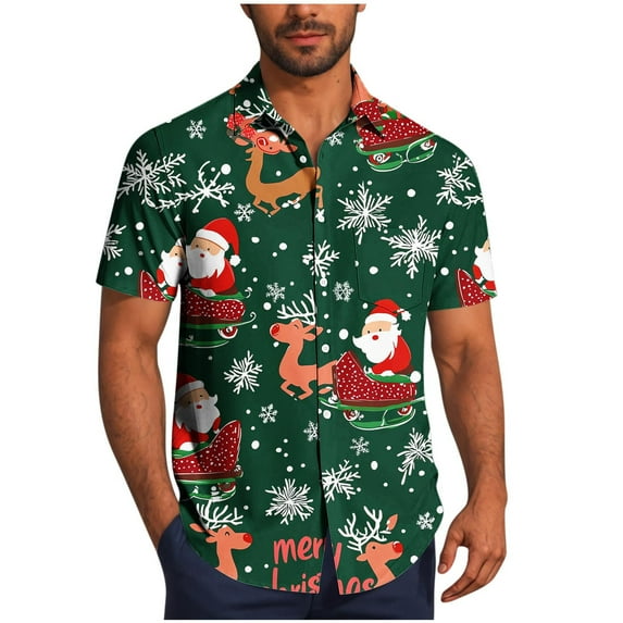 Men's Christmas Prints Shirts Hawaiian Santa Claus Vacation Button Down Short Sleeve Blouse