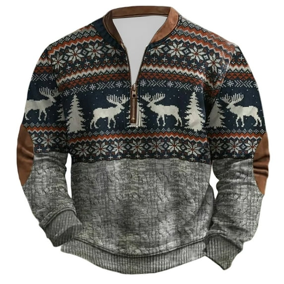 Men's Christmas Quarter Zip Pullover Hoodless Sweatshirt Long Sleeve Crewneck Thermal Lined Winter Warm Top