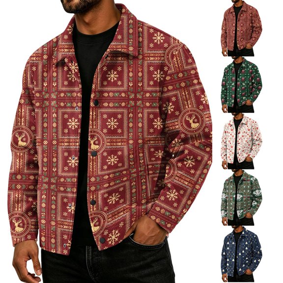Men's Christmas Reindeer Snowflake Square Frame Print Corduroy Jacket, Lapel Long Sleeve Snap Button Coat, Casual Loose Fit Fall Winter Outerwear S