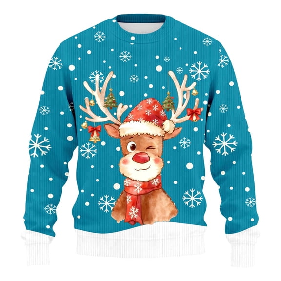 Men's Christmas Reindeer Snowman Penguin Santa and Snowflakes Sweater,Sky Blue,M