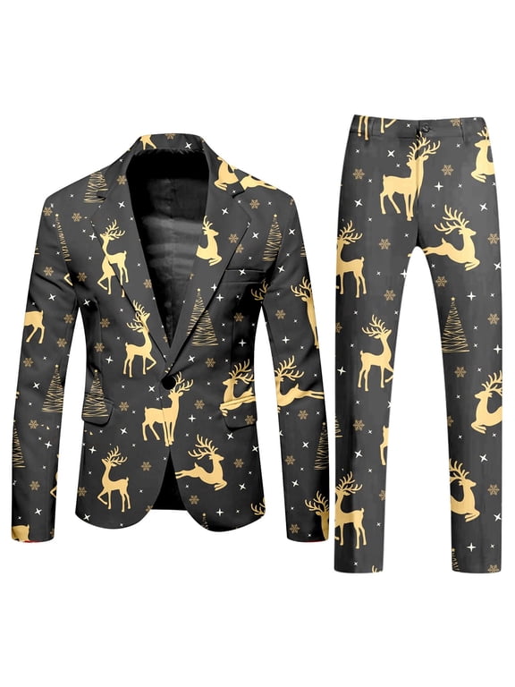 Men's Christmas Reindeer and Tree Print Suit Set Blazer and Pants Holiday Party Outfit for Christmas New Year Stage Performance