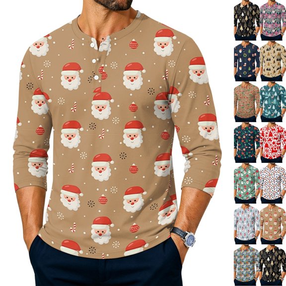 Men's Christmas Retro Henley Neck Tee Reindeer Snowman Graphic T-Shirts Standard Fit Wrinkle Resistant Tops for Gathering All-season Watermelon Red S