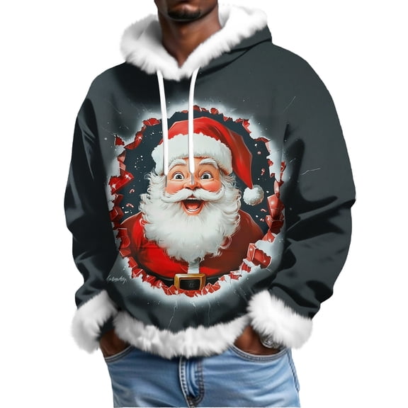 Men's Christmas Santa Claus Print Fleece Lined Hoodie with Faux Trim and Kangaroo Pocket | Plus Size Loose Fit Holiday Pullover for Party Fun,Vermilion,M