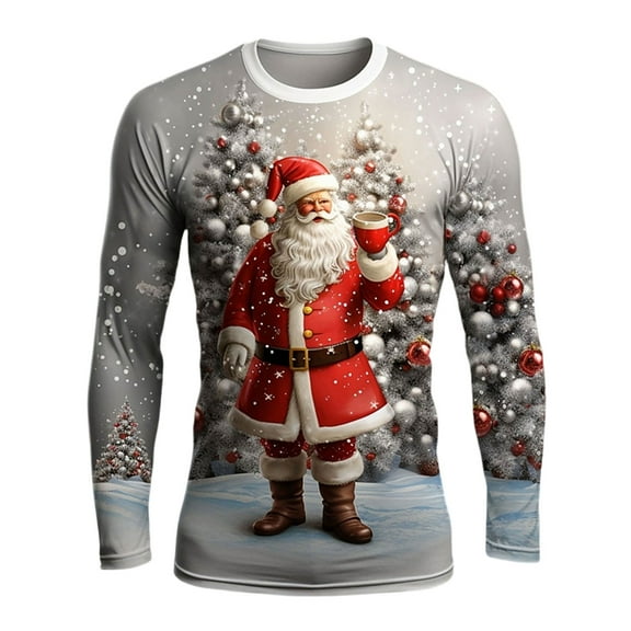 Men's Christmas Santa Print Shirt Long Sleeve Crewneck Pullover Top for Party Red-8 L