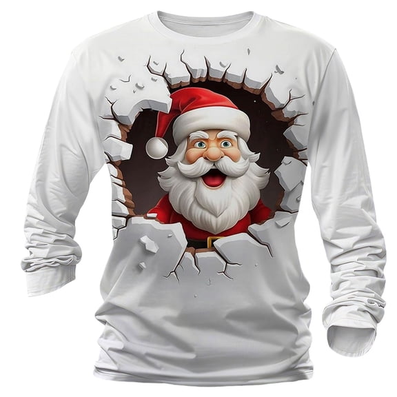 Men's Christmas Santa Print Shirt Long Sleeve Crewneck Pullover Top for Party White XS