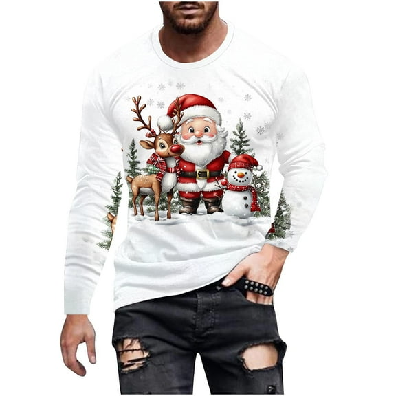 Men's Christmas Shirt Long Sleeve Crewneck Santa Printed Pullover Tops Wine S