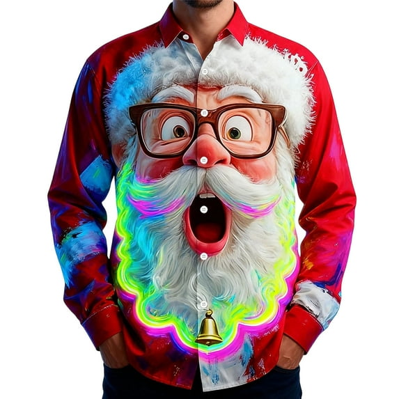 Men's Christmas Shirt Print Long Sleeve Button Down Lapel Cardigan Tee Red-13 M