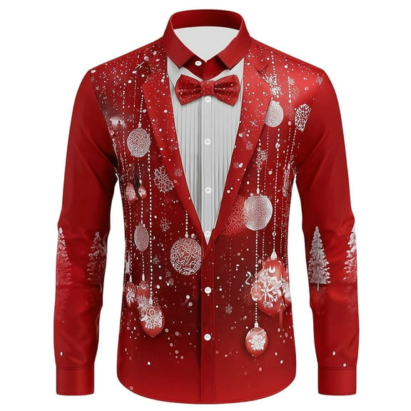 Men's Christmas Shirt Print Long Sleeve Button Down Lapel Cardigan Tee Red-2 XL