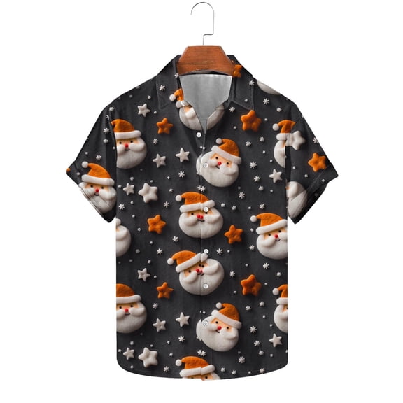 Men's Christmas Shirt Santa Print Short Sleeve Button Down Stand Collar Cardigan Top Black M