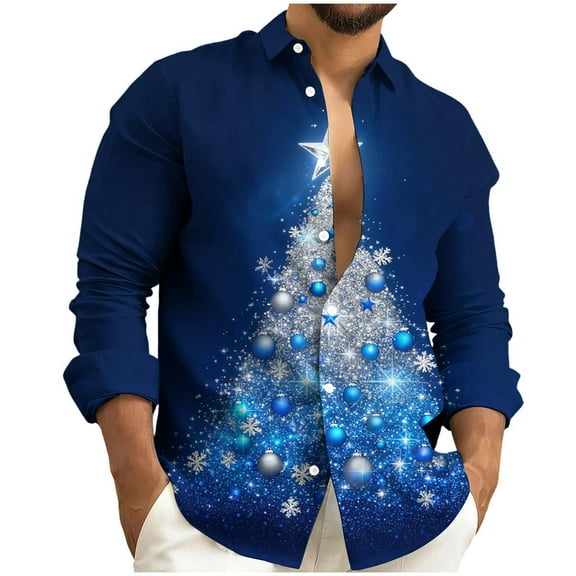 Men's Christmas Shirts Lapel Button Down Xmas Graphic Print Long Sleeve Tops Casual Stylish Holiday Funny Outfits (XS, Blue-C)