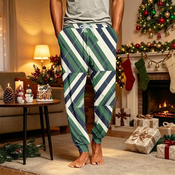 Men's Christmas Sleep Pants Plaid Jogger Drawstring Pajama Pants Elastic High Waist Comfortable Loose Sleep Pants, L