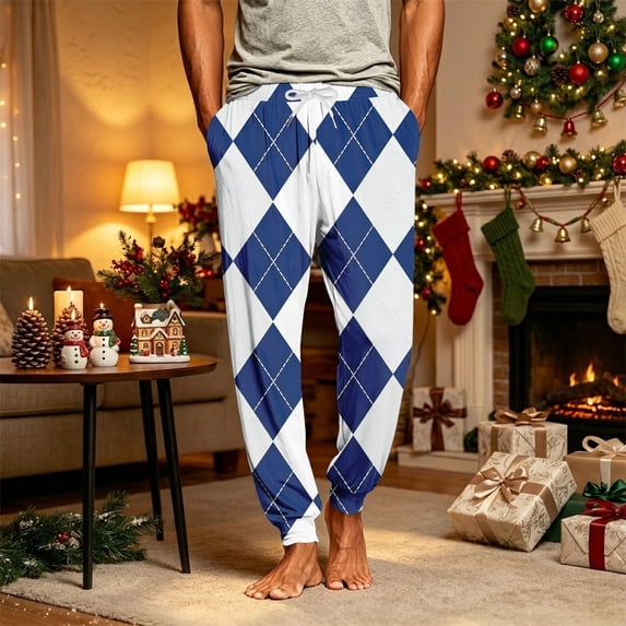 Men's Christmas Sleep Pants Plaid Jogger Drawstring Xmas Loungewear Elastic High Waist Soft Loose Sleep Pants, 3XL