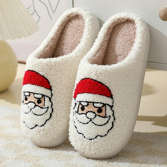 Men's Christmas Slippers Cute Santa Print Warm House Shoes Fuzzy Non Flat Shoes