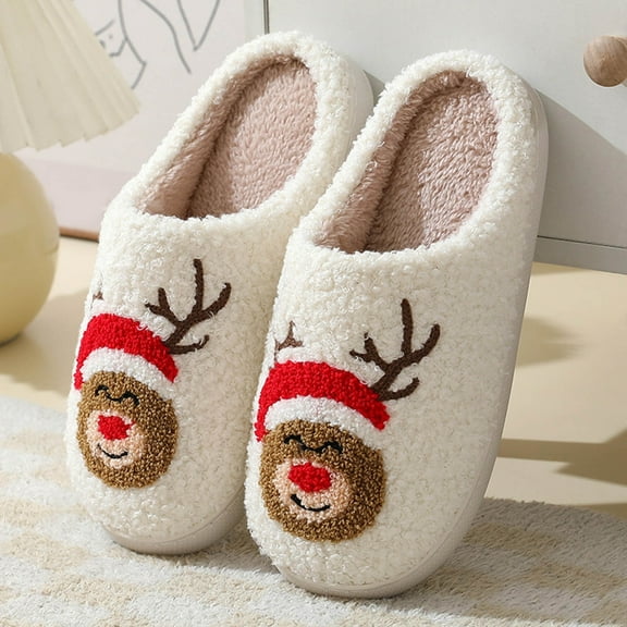 Men's Christmas Slippers Cute Santa Print Warm House Shoes Fuzzy Non Flat Shoes