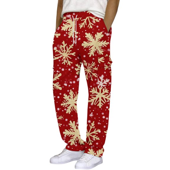 Men's Christmas Snowflake Printed Relaxed Fit Cargo Pants with Elastic Waist Drawstring, Festive Holiday Party Commute Multi-Pocket Casual Work Trousers,Red,L
