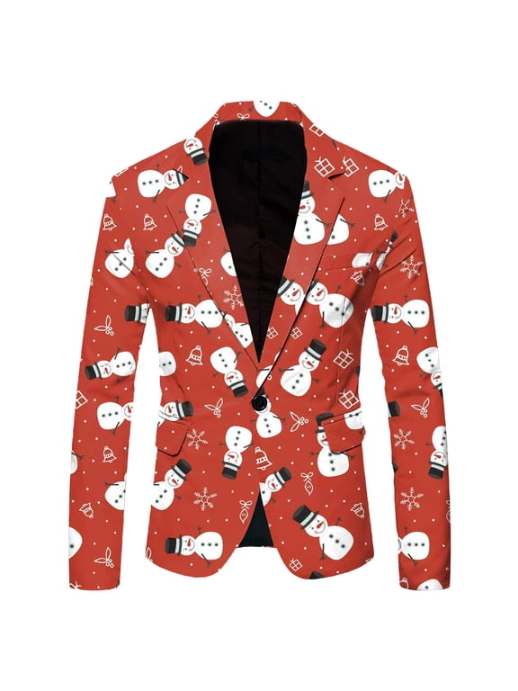 Men's Christmas Snowflake Tree Print Blazer Jacket Notched Lapel Button Down Party Outerwear for Winter Holiday Festive