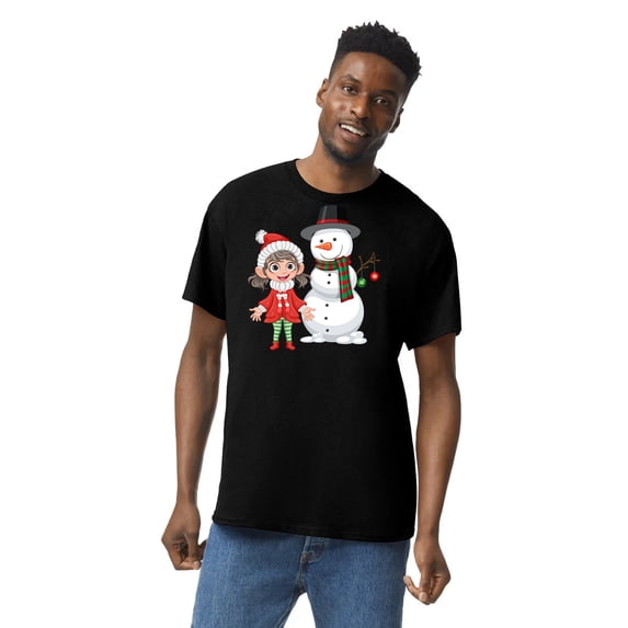 Men’s Christmas Snowman & Elf Printed T-Shirt, Crew Neck Short Sleeve Tee for Christmas, 100% Cotton, Black, S