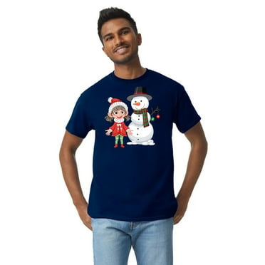 Men’s Christmas Snowman & Elf Printed T-Shirt, Crew Neck Short Sleeve Tee for Christmas, 100% Cotton, Navy, S