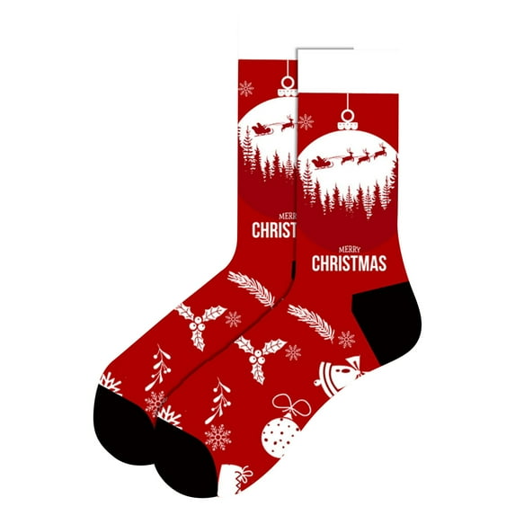 Men's Christmas Socks - Casual Print Mid-Calf Socks with Cotton Blend, Sports and Leisure Style, Cozy for Daily Wear, Red Color with Christmas Ball and Flying Elk
