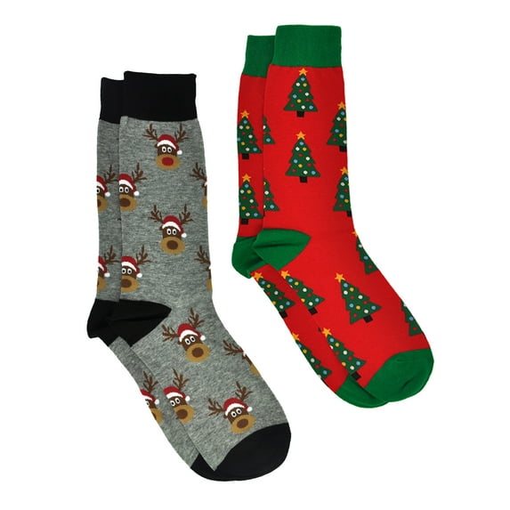 Men's Christmas Socks Reindeers & Trees & Size 10-13 (2-Pair Set)