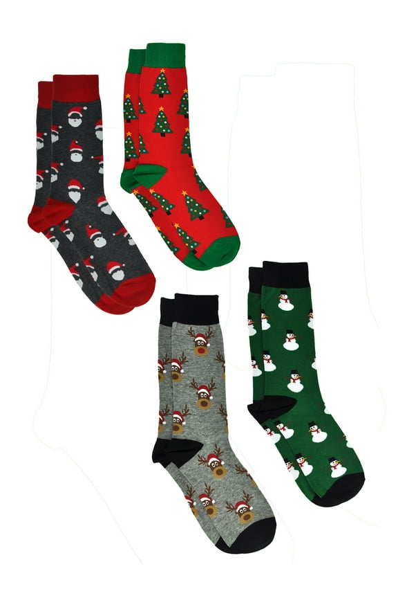 Men's Christmas Socks Santa Claus Trees Snowmen Reindeer Size 10-13(4-Pair Set)