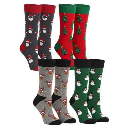 Men's Christmas Socks Santa Claus Trees Snowmen Reindeer Size 10-13(4-Pair Set)