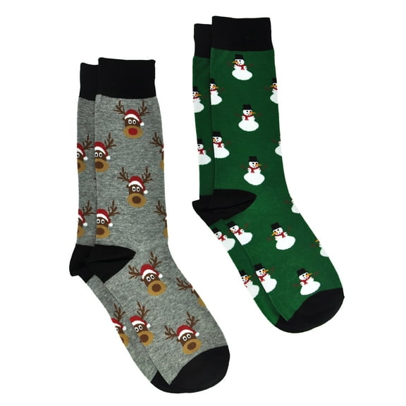 Men's Christmas Socks Snowmen All-Over Print & Reindeer Size (10-13) 2-Pair Set