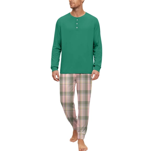 Men's Christmas Suitable Pajama Set Long Sleeve and Long Pants Two-Piece Outfit with Henry Collar for Holiday Nights,Light Green,S