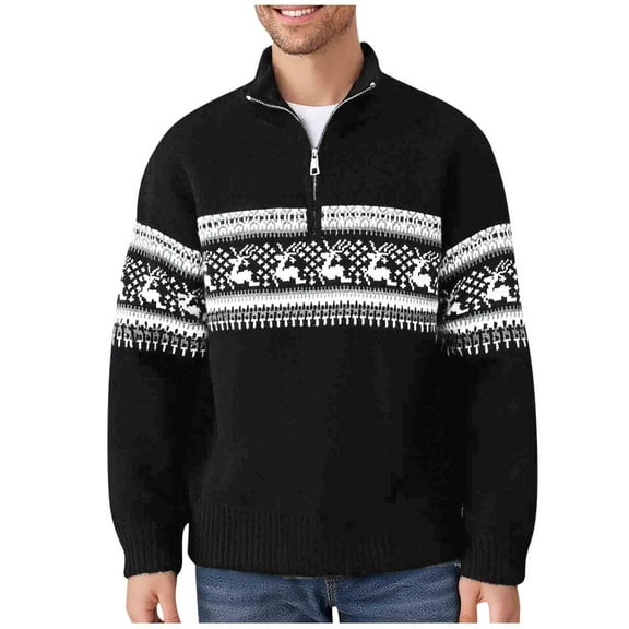 Men's Christmas Sweater Knitted Xmas Deer Graphic Quarter Zip Long Sleeve Casual Loose Pullover Sweaters (4XL, Black)