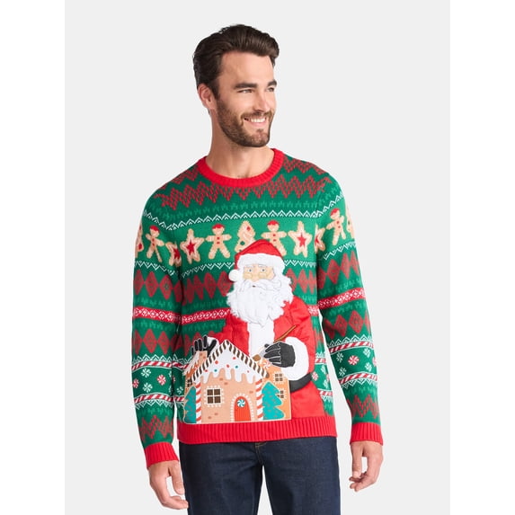 Men's Christmas Sweater Ugly Christmas Sweater with Drink Pocket from Holiday Time, Sizes XS-3XL