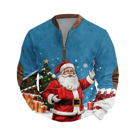 Men's Christmas Sweater Zip Up Sweatshirts Vintage Knit Graphic Sweatshirt - Xmas Stand Collar Pullover with Santa Claus Print for Christmas Fun,Blue,S