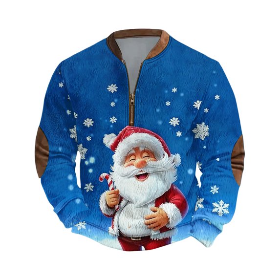 Men's Christmas Sweater Zip Up Sweatshirts Vintage Knit Graphic Sweatshirt - Xmas Stand Collar Pullover with Santa Claus Print for Christmas Fun,Royal Blue,2XL