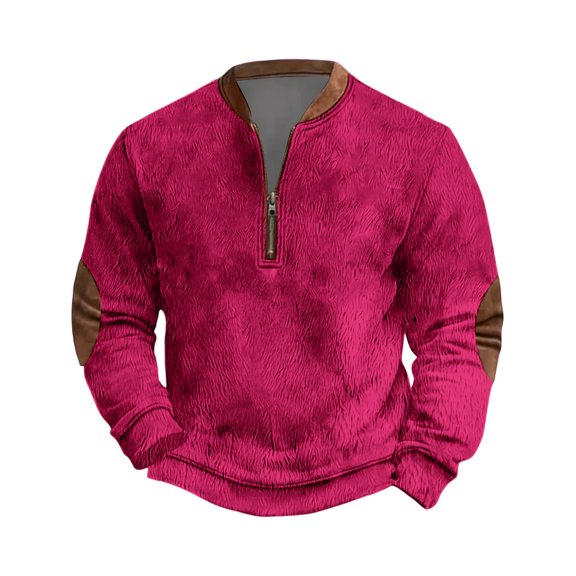 Men's Christmas Sweater Zip Up Sweatshirts Vintage Knit Graphic Sweatshirt - Xmas Stand Collar Pullover with Solid Color Print for Casual Holiday Style,Hot Pink,S